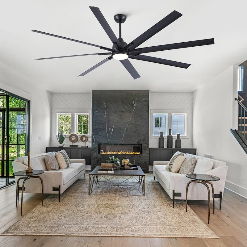 YUHAO 84 In. Indoor/Outdoor Modern Industrial Large Windmill Aluminum Blade Ceiling Fans With Lights, Quiet DC Motor and Remote