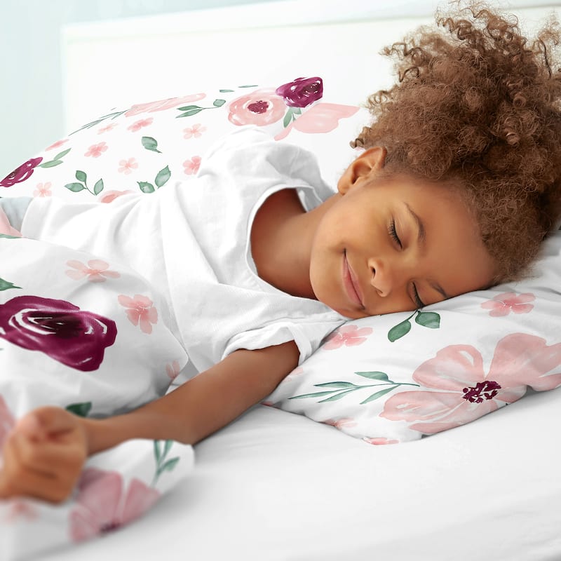 Burgundy and Pink Watercolor Floral Girl 2pc Twin Comforter Set - Blush Maroon Wine Rose Green Shabby Chic Flower Farmhouse