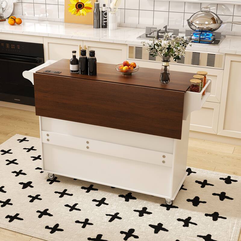 Kitchen Island Cart on Locking Wheels, Drop-Leaf Wood Breakfast Bar, Rolling Cart with Adjustable Shelves & 3 Drawers