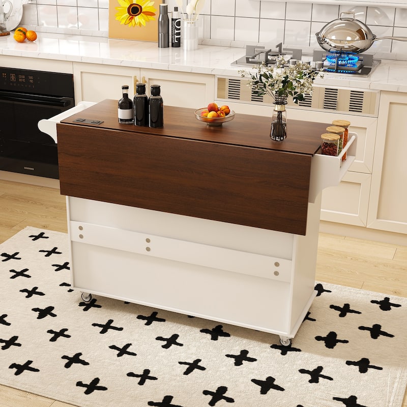 Kitchen Island Cart with Foldable Tabletop & Drop Leaf - Mobile Breakfast Bar on Wheels with Wood Top and Storage