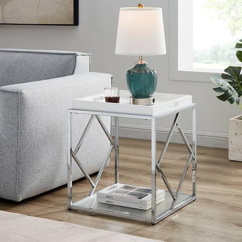 VANOMi 18'' Tray Top End Table Side Table With Stainless Steel Frame and Tempered Glass Panel - 18''x18''x19''