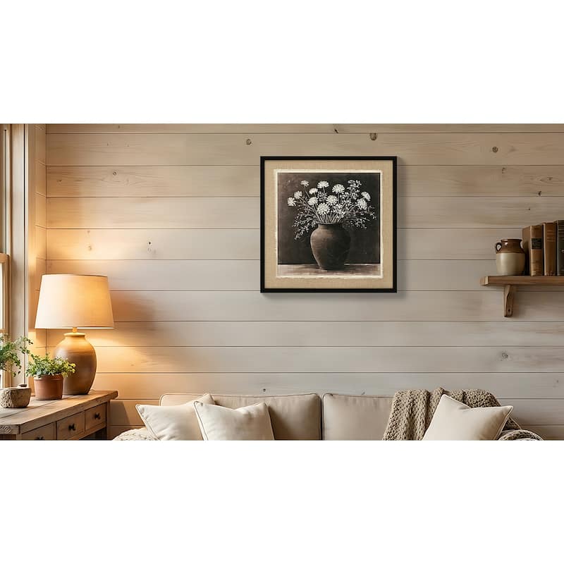 Abstract Flower Bouquet Wall Art, white flower in a rustic clay pot Painting Blossom Picture Prints on Linen for Bedroom