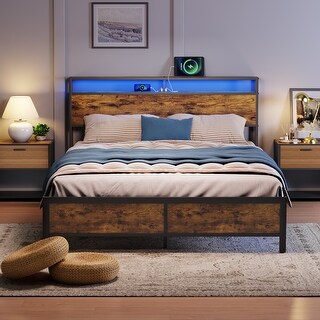Rustic Brown Queen Size Metal Industrial Bed Frame with LED Lights