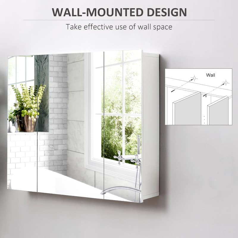 kleankin White Bathroom Medicine Cabinet with Mirror, Wall Mounted Bathroom Mirror Cabinet with 3 Doors, Adjustable Shelves