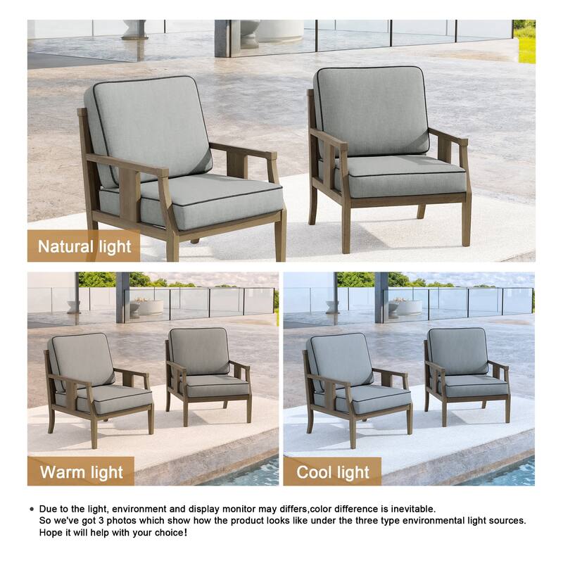 Set of 2 Outdoor Teak Wood Armchairs with Cushions, Patio Club Chairs