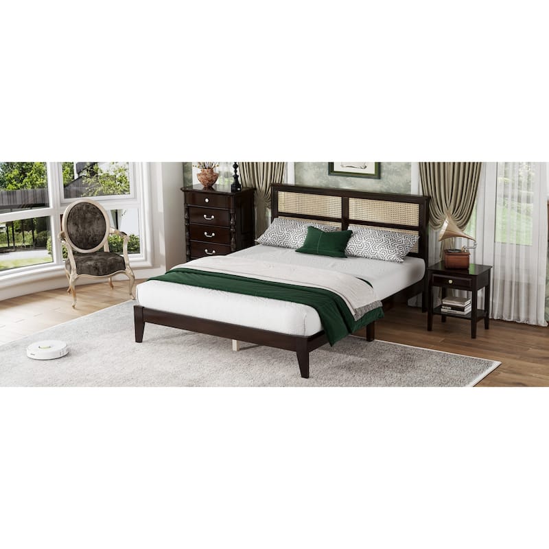 Roomfitters Queen Solid Rubber Wood Bed Frame with Rattan Headboard, Reinforced Support Feet Platform Design, Espresso