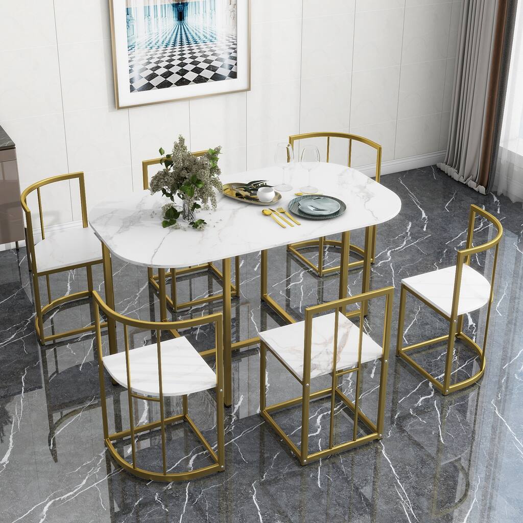 7-Piece Dining Table Set with Faux Marble Kitchen Table Set for 6 ...