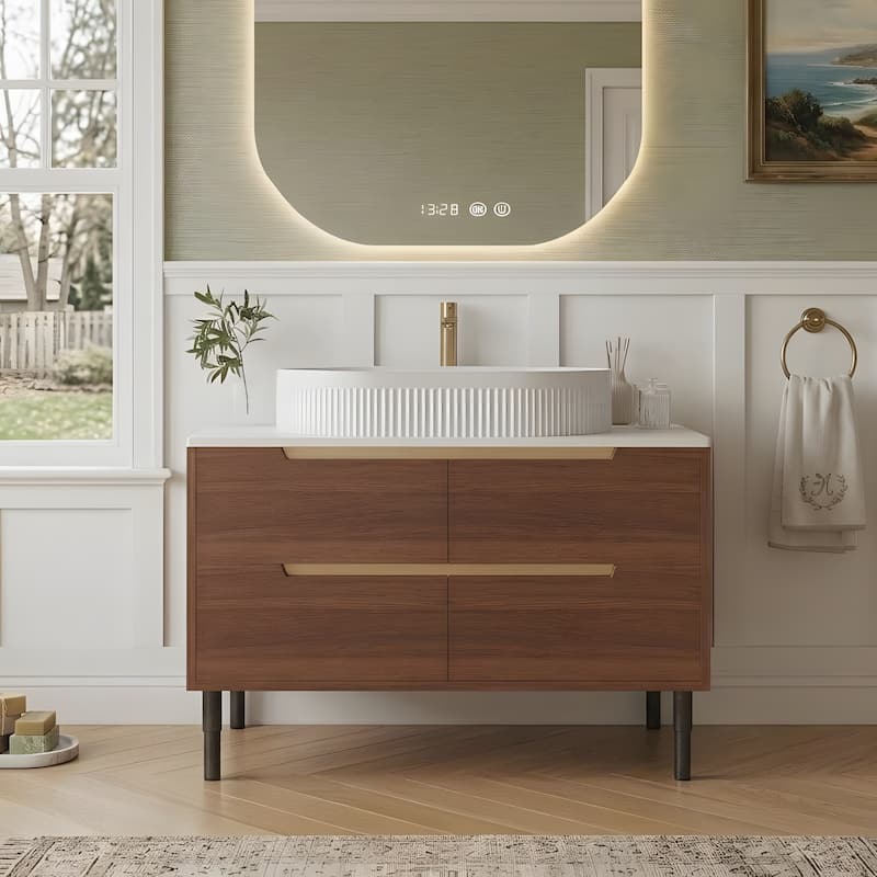 36 inch Bathroom Vanity, Freestanding or Wall Mounted with Ceramic Integrated Sink & Soft-Close Drawers
