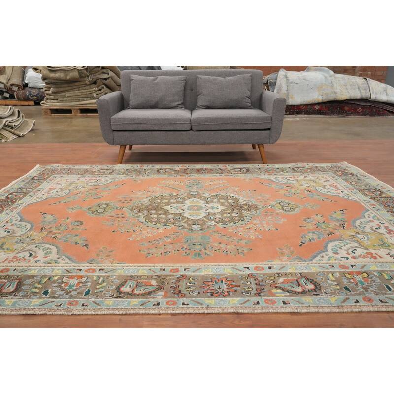 Hand Knotted Oriental 100% Wool Carpet Traditional Floral Coral Tabriz Area Rug - 9' 7'' X 6' 11''