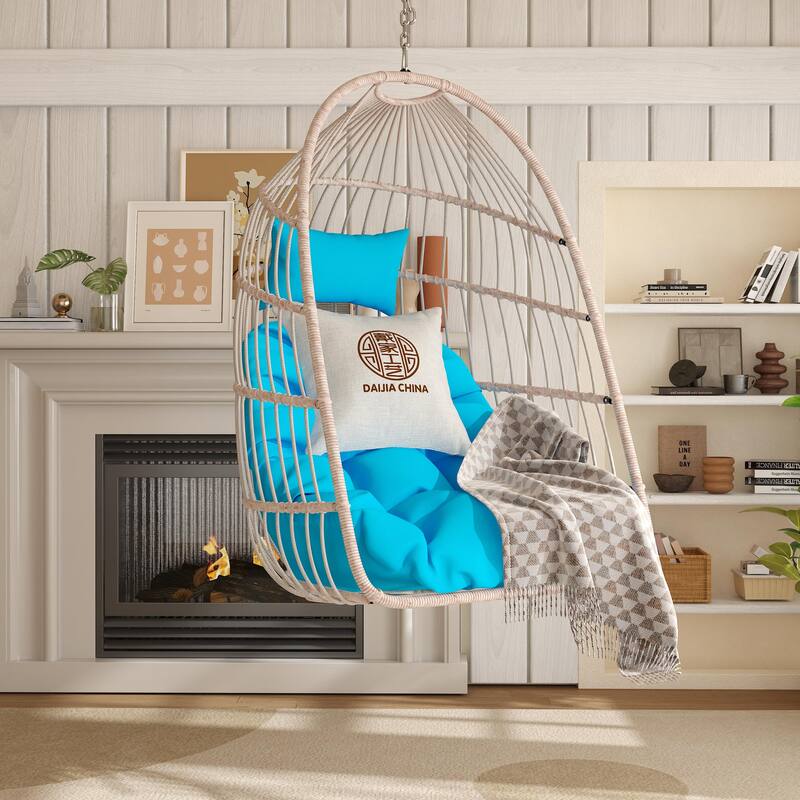 Hanging Chair PE Hanging Chair with Stainless Steel Suspension kit, Outdoor Garden Rattan Egg Swing Chair with Cushion
