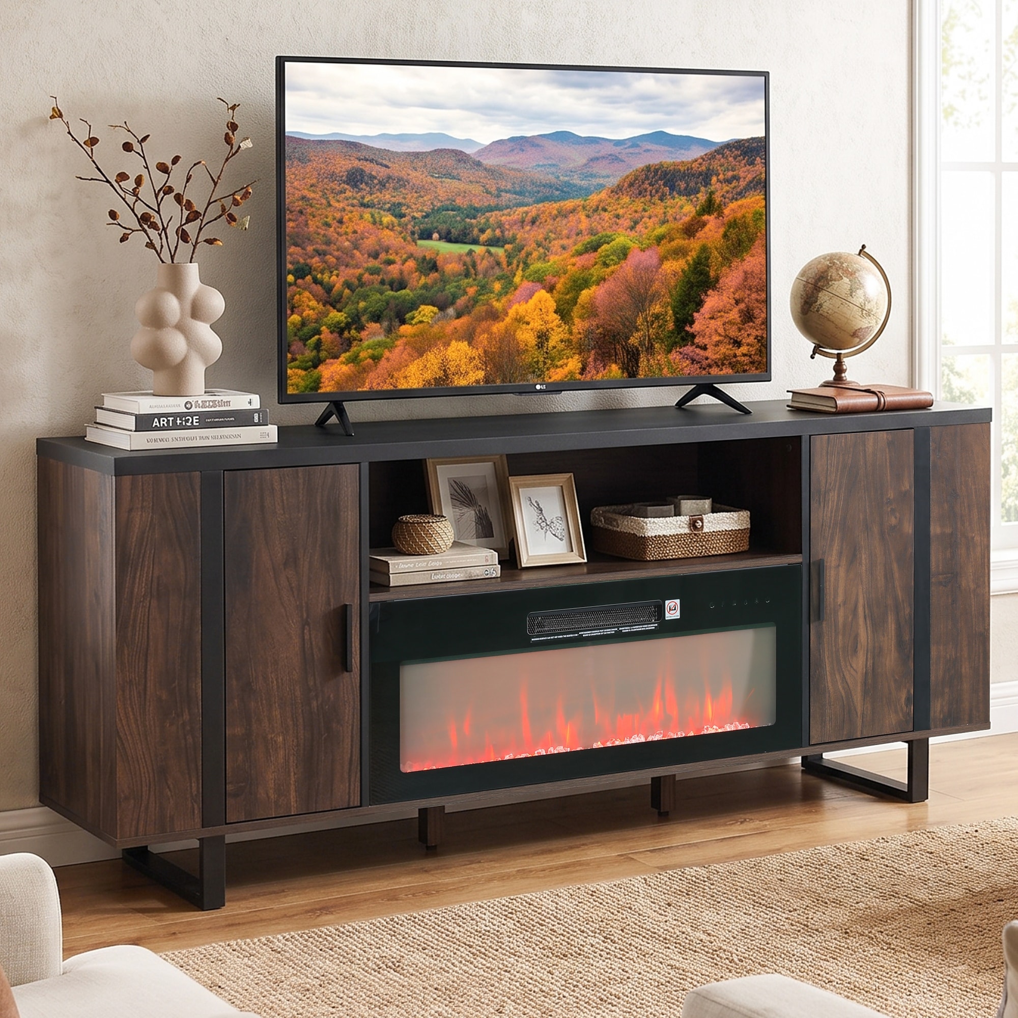 72" Farmhouse Walnut Wood Electric Fireplace Storage Console TV Stand with Open Compartment