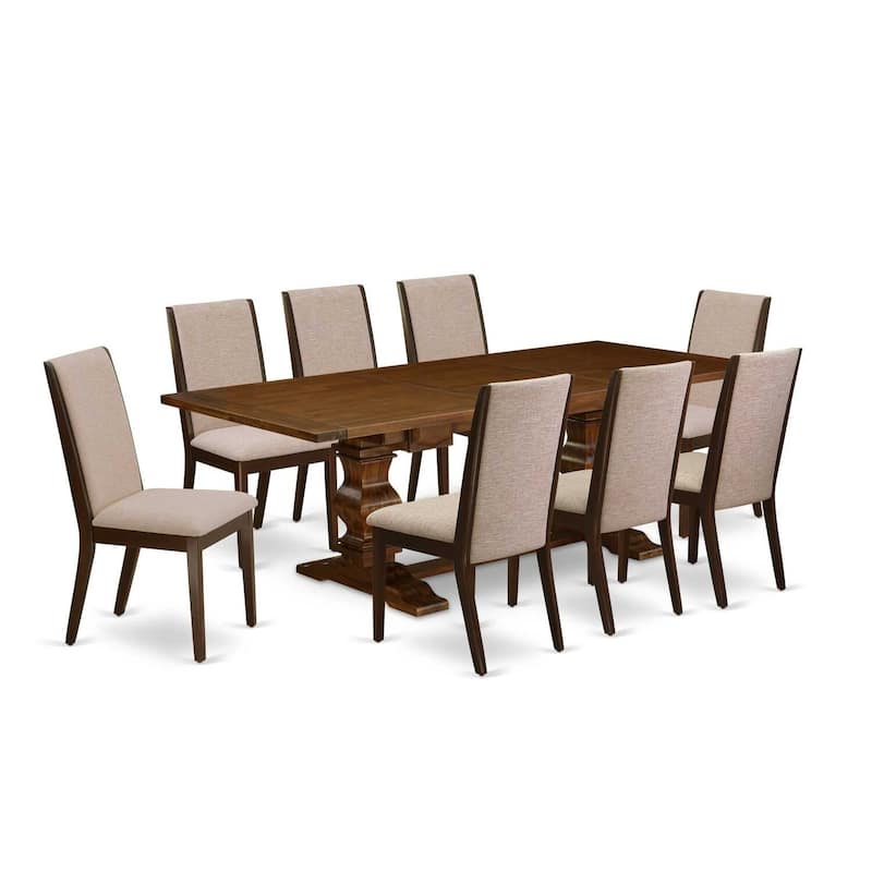 9-Piece Kitchen Dining Set with Linen Accent Chairs - Antique Walnut & Mahogany Finish Table & Chairs