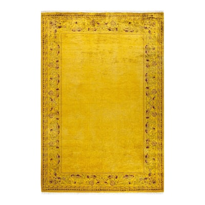 Overton Hand Knotted Wool Vintage Inspired Modern Contemporary Overdyed Yellow Area Rug - 6' 1" x 8' 10"