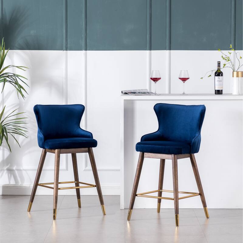 Set of 2 Upholstered Wingback Counter Stools - Mid-Century Fabric Bar Stools with Gold-Tipped Legs for Kitchen & Dining - Blue