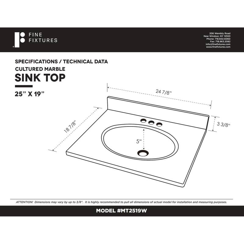 Fine Fixtures White Cultured Marble Top With Integrated Sink, 4" Backsplash and Overflow Included.