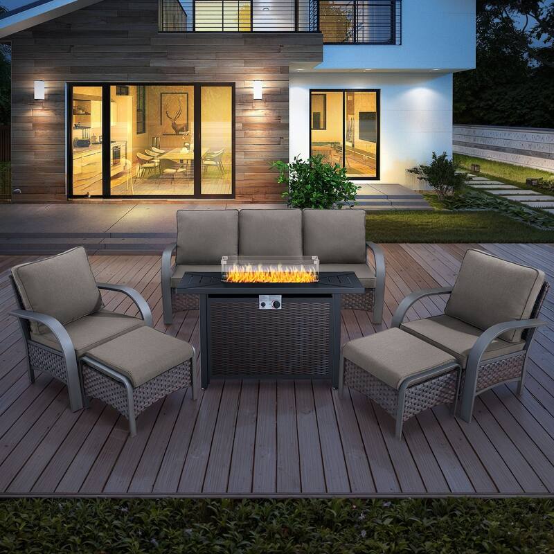 Outdoor Sofa Chair with Fire Pit Table Set - Brown Rattan - Grey Cushion - 6PCS Sofa Club Chair Ottoman with Fire Table