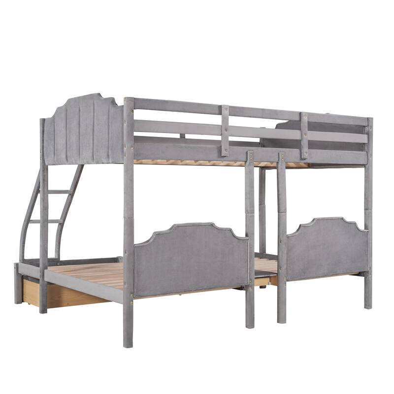 HomeRoots Gray Full Over Two Twins Solid Wood Bunk Bed With Drawers And Storage