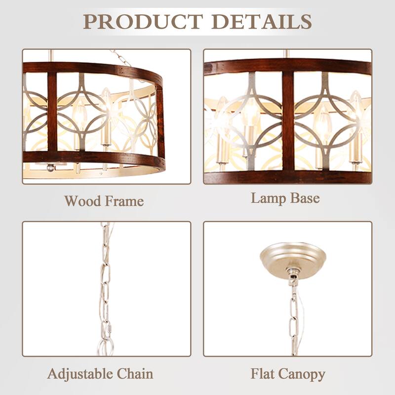 Cusp Barn 4-Light Rustic Wood Chandelier Shabby Hanging Lamp Farmhouse Drum Pendant Light Fixtures for Entryway