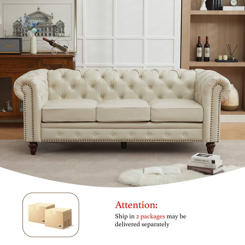 Vintage PU Button-Tufted Sofa Couch, Flared Arms, Rubberwood Legs & Nailhead Trim