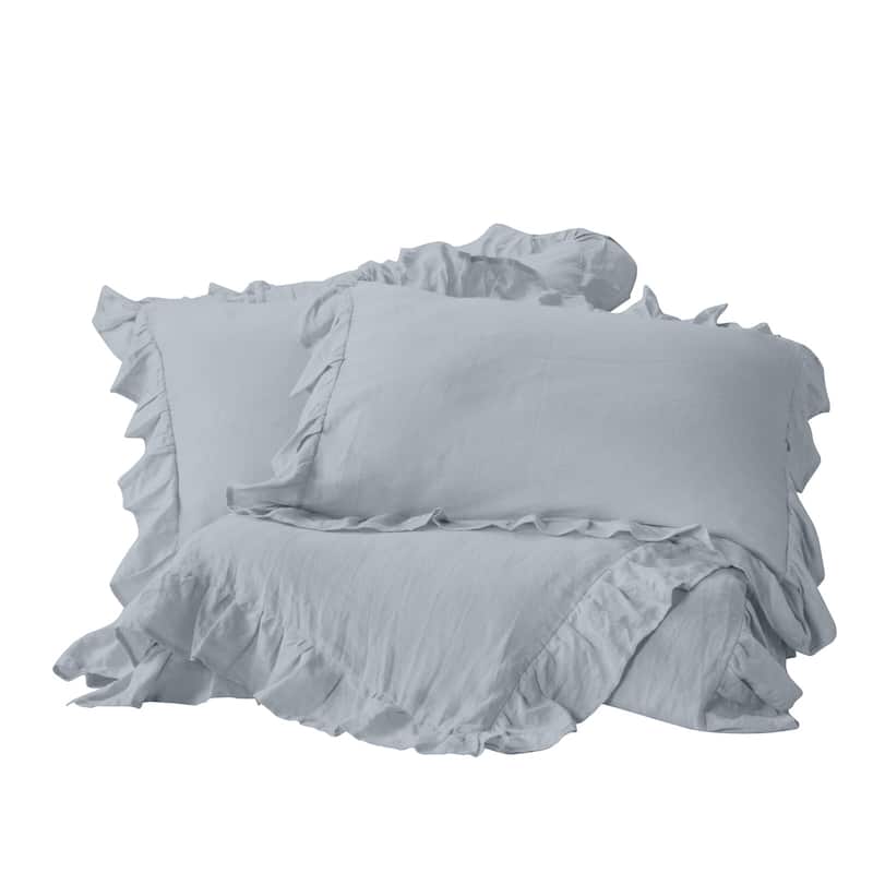 Delara Organic Cotton 300 TC GOTS Certified 8 Internal Ties Ruffled Duvet Set - Light Blue - Queen