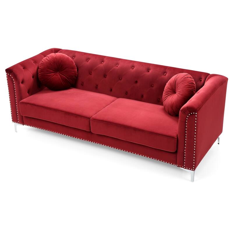 Tufted Nailhead Trim Velvet Sofa with Throw Pillows - 83" - Burgundy