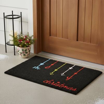 HomeRoots 17" X 29" Black Red And Blue Merry Christmas Outdoor Coir Door Mat - 17.00' X '29.00