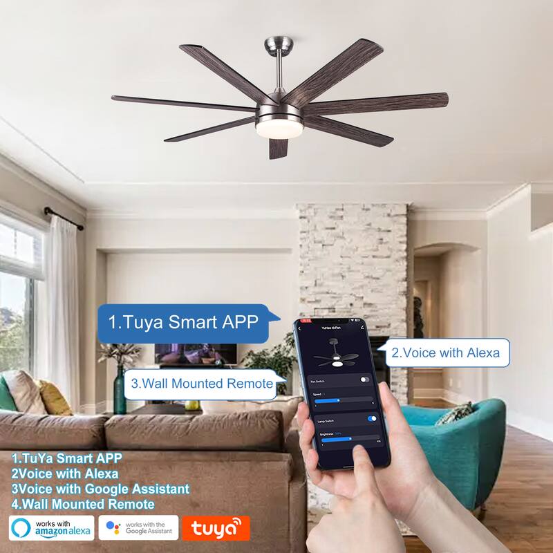 Indoor & Outdoor Smart Ceiling Fan Light with 7 Wood Grain Blades, 62" Ceiling Fan with Dimmable LED Light, App and Remote