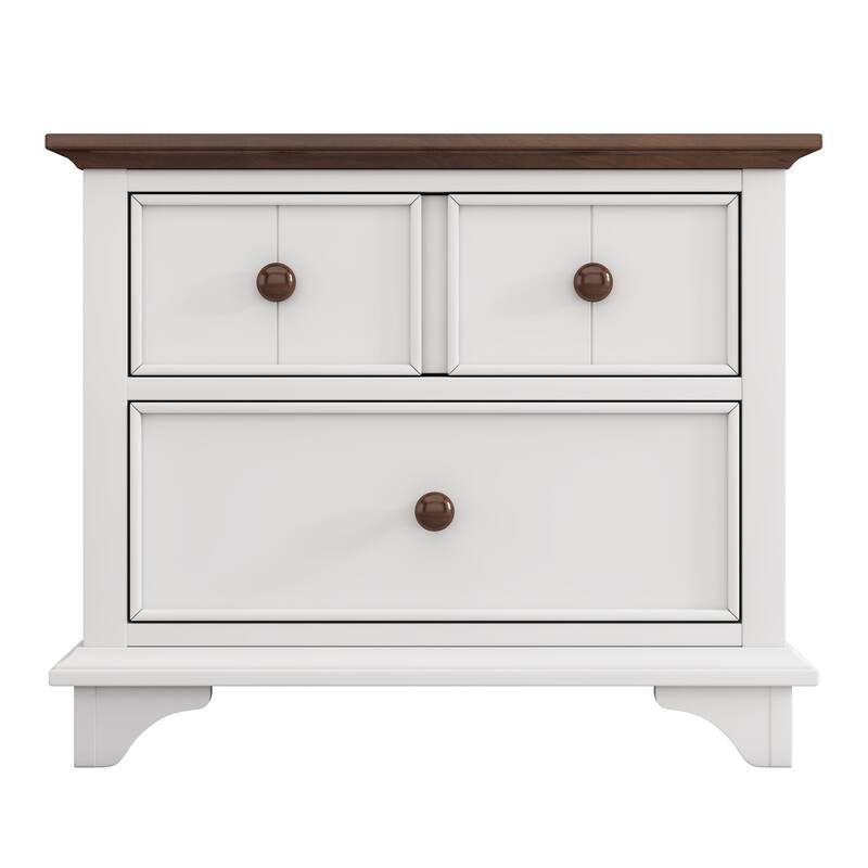 Two-Drawer Nightstand for Kids Bedroom, White and Walnut, Retro Design, Space-Saving Storage