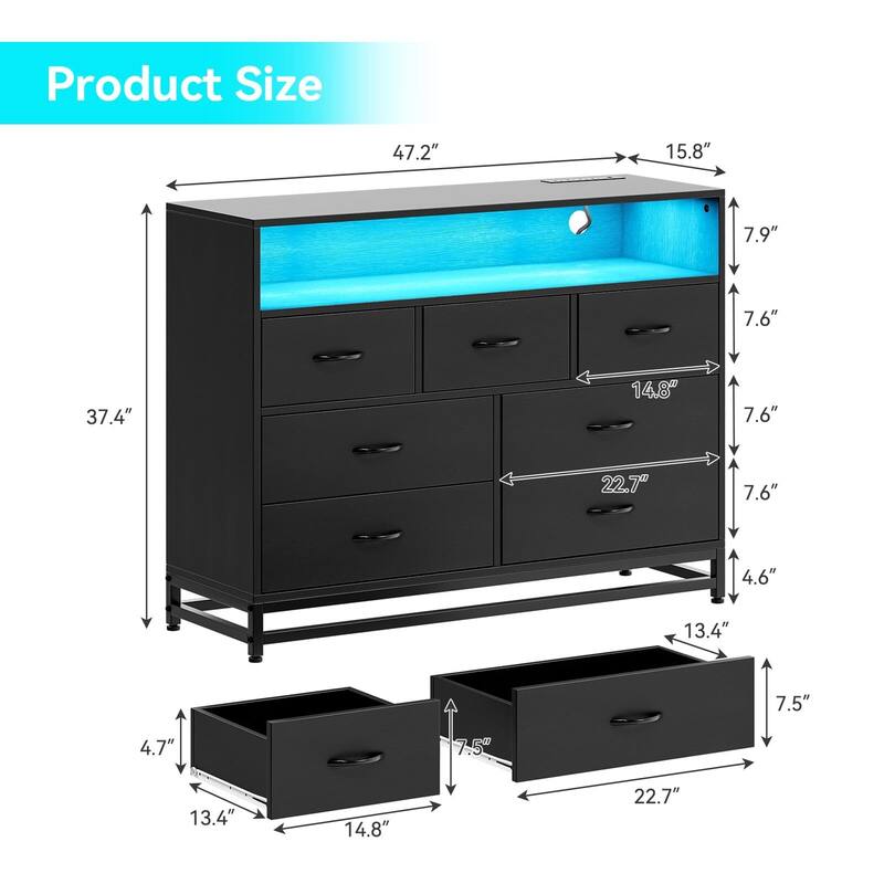 Black Dresser for Bedroom, Modern 7 Drawers Long Dresser