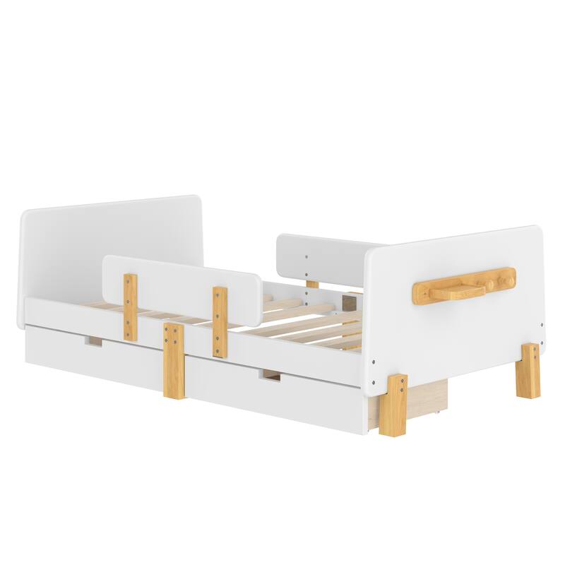 Twin Size Platform Bed with Storage Drawers, Solid Wood Beds Frame with Bed Guardrail, Small Shelf, and Hooks