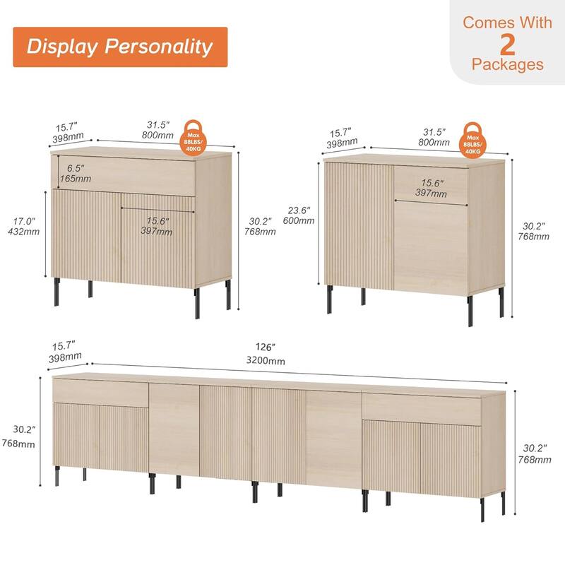 126" Modern Reeded Drawer Dresser Set With Doors, Minimalist Chest Of Drawers With Storage