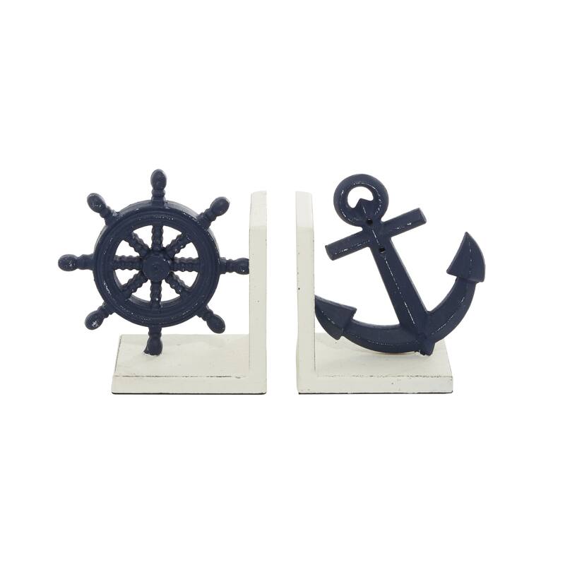 Blue Metal Anchor and Ship Wheel Decorative Bookends (Set of 2)