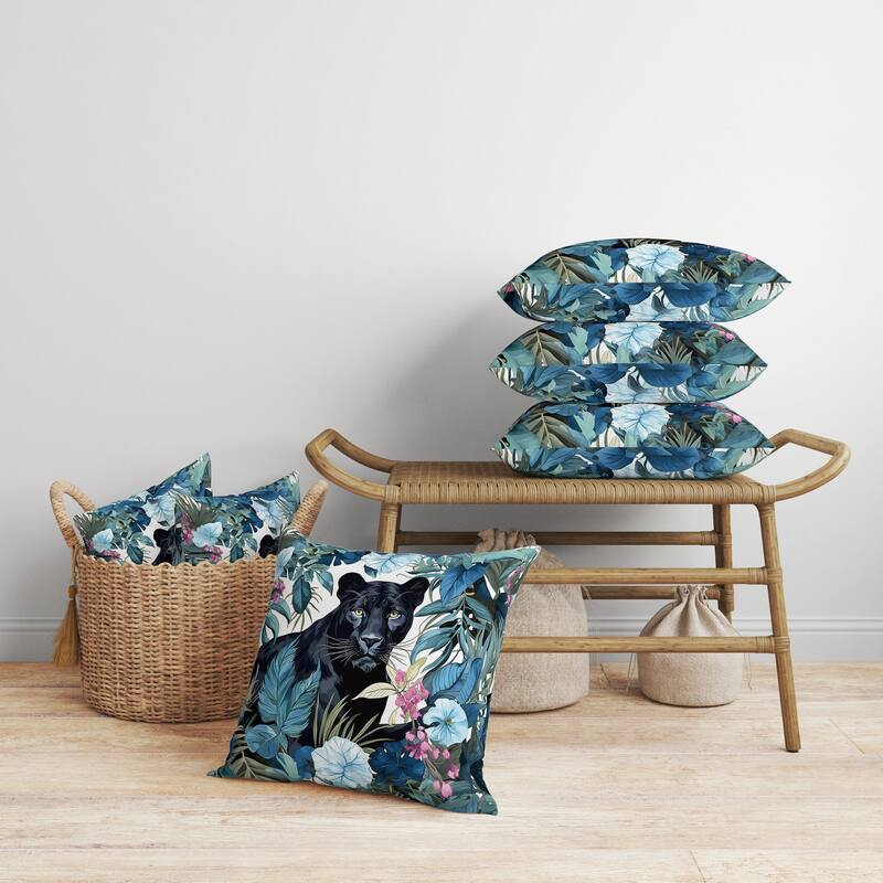 Panther Tropic Twilight Faux Suede Reversible Throw Pillow Blue and Pink