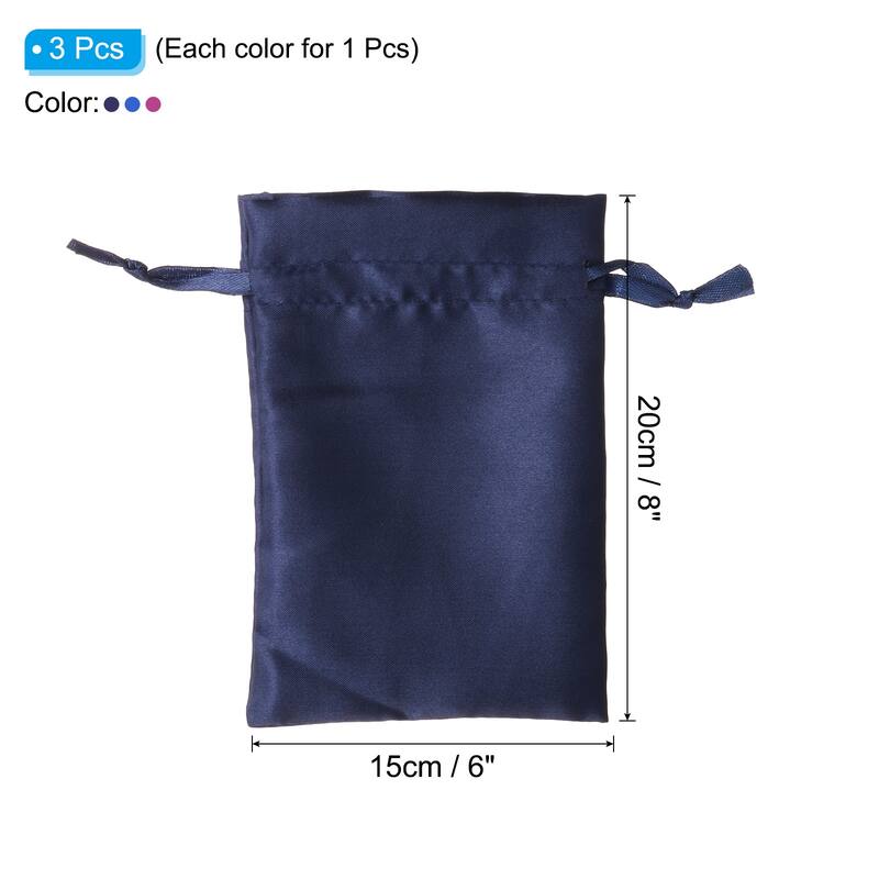 Satin Bags with Drawstring, 3 Pcs 6x8 Inch Wedding Favor Bags, 3 Color - 6x9 Inch - Rose Red, Blue, Dark Blue