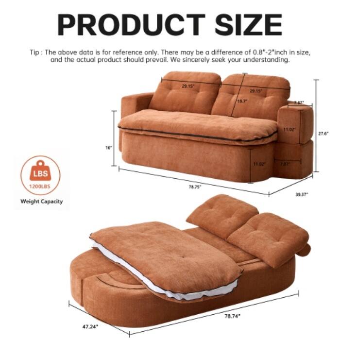 Modern Convertible Floor Sofa Bed with Corduroy Cushion, 2 Pillows & No Assembly