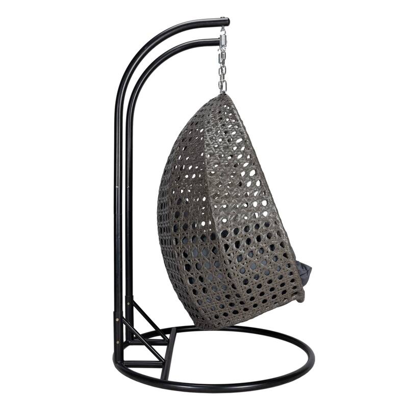 LeisureMod 2-Person Hanging Egg Swing Chair with Metal Stand - Handcrafted Charcoal Wicker, Patio Hammock Lounger with Cushions