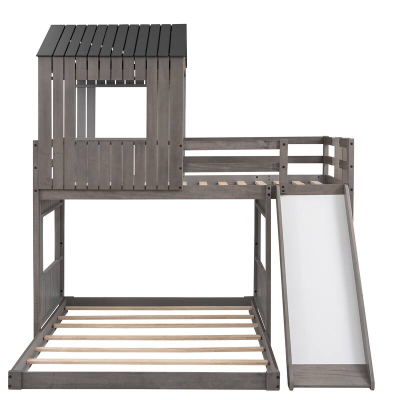 Wooden Twin Over Full Bunk Bed, Loft Bed with Playhouse, Farmhouse, Ladder, Slide and Guardraills