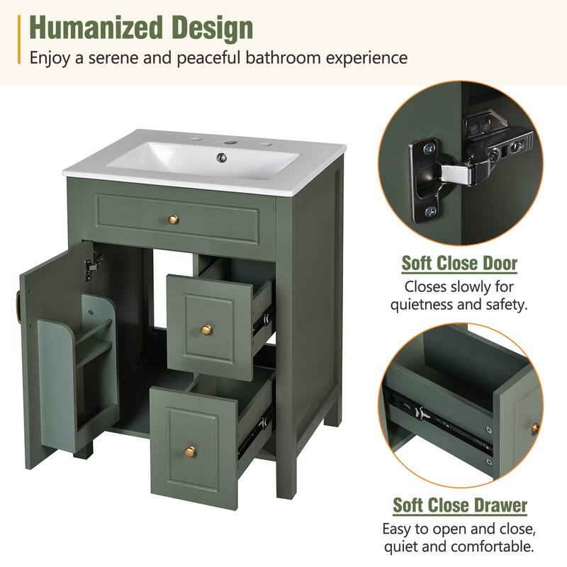 24-Inch Bathroom Vanity with Ceramic Sink, 1 Soft Close Door, 2 Soft Close Drawers, and Double Storage Racks on the Door