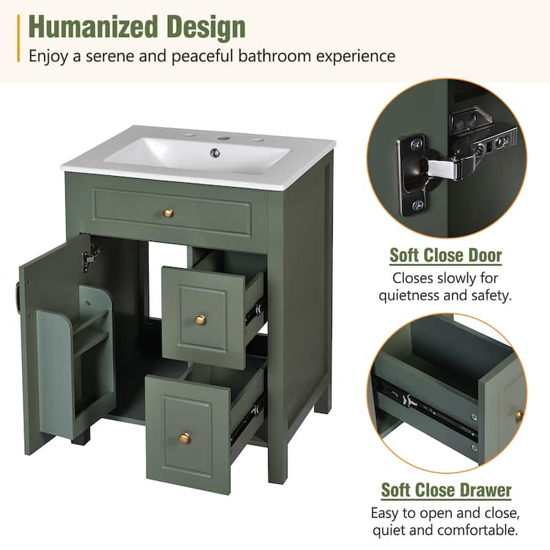 Freestanding Bathroom Vanity Compact Cabinet with Sink, 2 Drawers, Storage Door Racks, Gold Handles and Soft Close Mechanisms