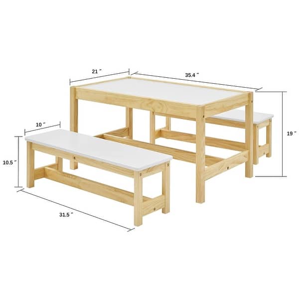 MUSEHOMEINC Wooden 3 In 1 Kids Toddlers Activity Play Table and Bench Chair Set - 35.43 x 21.02 x 19.02 inches