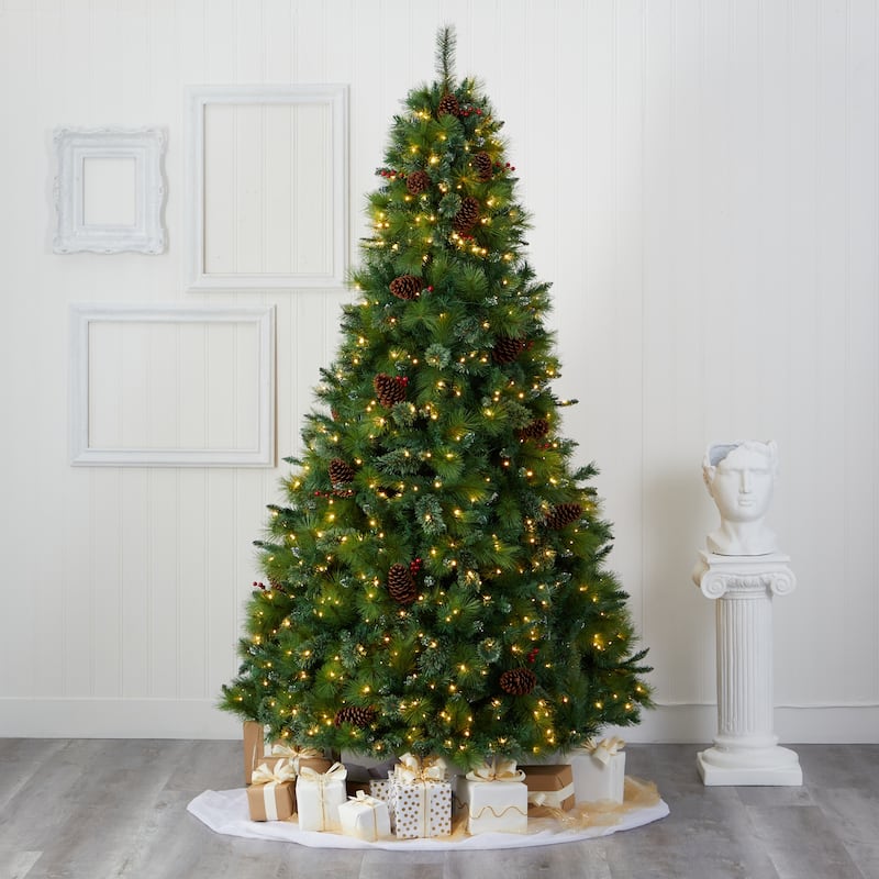 8ft Artificial Christmas Tree with Lights - Holiday Decor, Pine Cones & Berries - Full Size Festive Tree for Home - Green - 96