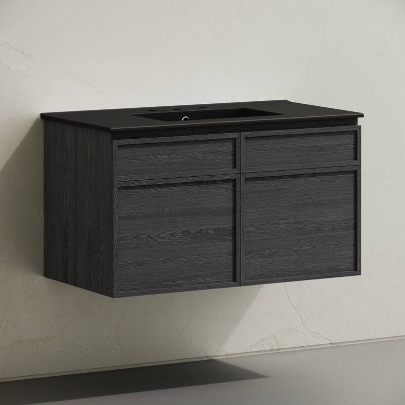 St. Tropez 36" Wall-Mounted Bathroom Vanity In Black Oak With Black 3-Hole Widespread Sink Top - 36