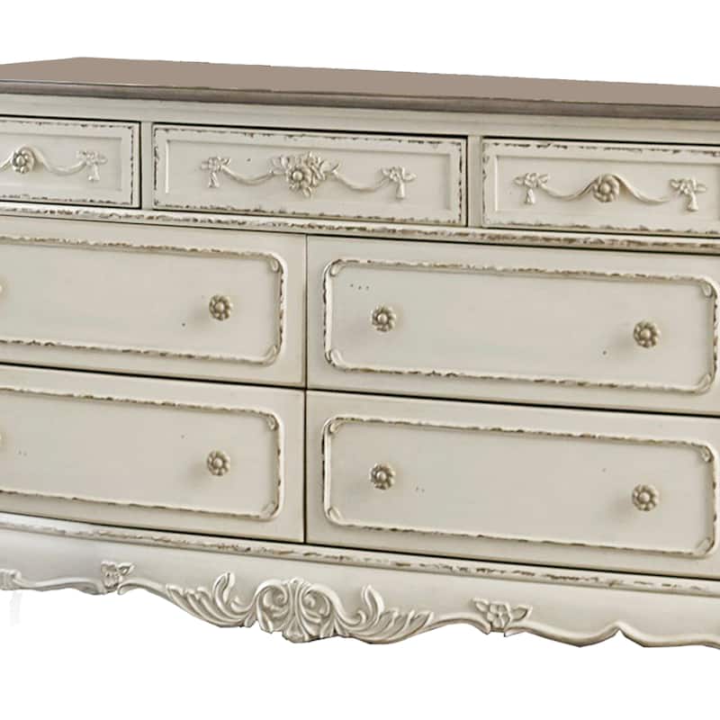 7 Drawer Dresser with Floral Motif Carving Details, Antique White and Brown