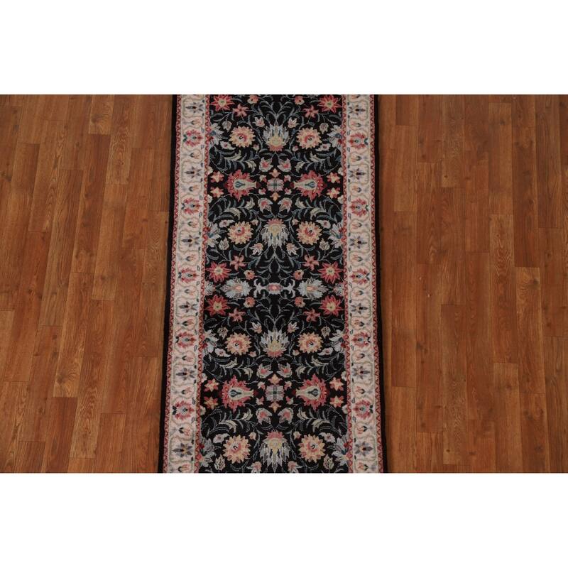 Hand Knotted Oriental 100% Wool Carpet Traditional Floral Black Kashan Runner Rug - 7' 8'' X 2' 6''