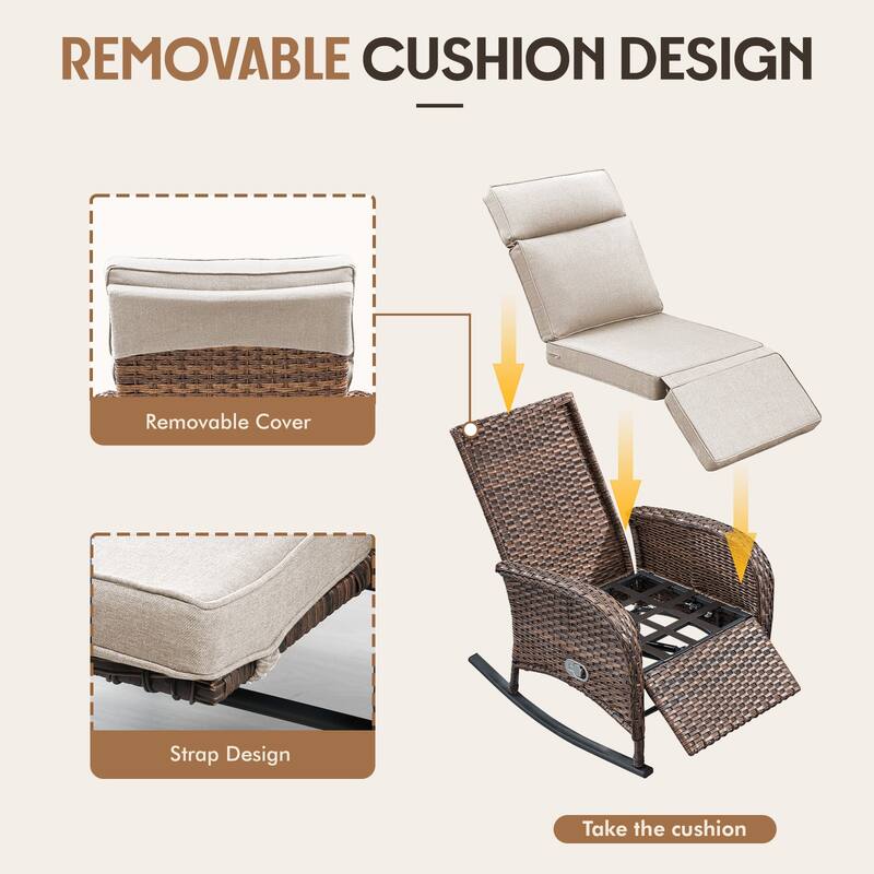 Meyreso Wicker Rocking Reclining Chaise Lounge with Adjustable Backrest & Footrest (4-Pack)