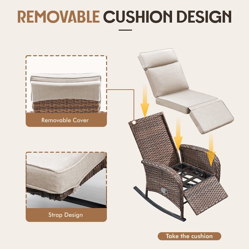 Meyreso Wicker Rocking Reclining Chaise Lounge with Adjustable Backrest & Footrest