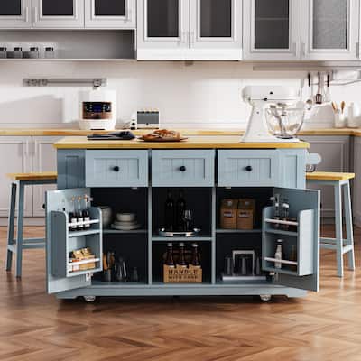 53''Kitchen Island with Drop Leaf,Power Outlet,Door Internal Storage Rack,Rolling Cart,5 Wheels with 5 Open Side Racks,3 Drawers