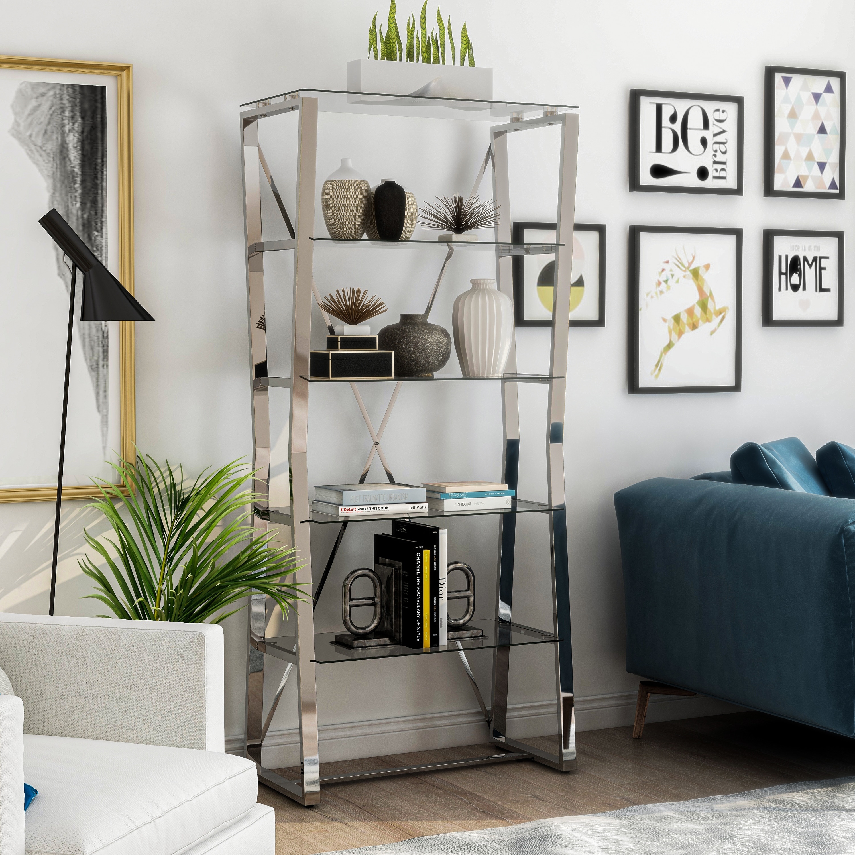Furniture of America Morfell Contemporary Chrome Glass-Shelf Bookcase
