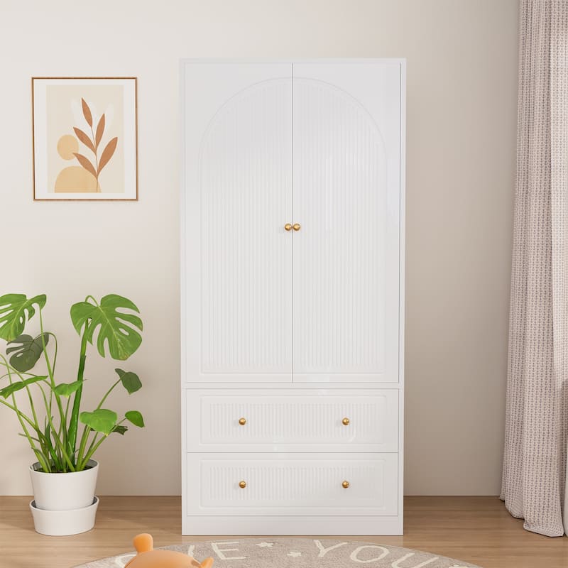 Gymojoy 71" Wardrobe Closet with 2 Doors & 2 Drawers, Modern White Wooden Armoire with Hanging Rod & Gold Handles