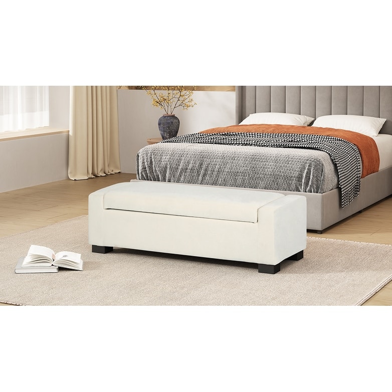 50" Ottoman Bench in Textured Fabric, Rectangular Design with Hinged Lid for Seating, Footrest, and Hidden Storage